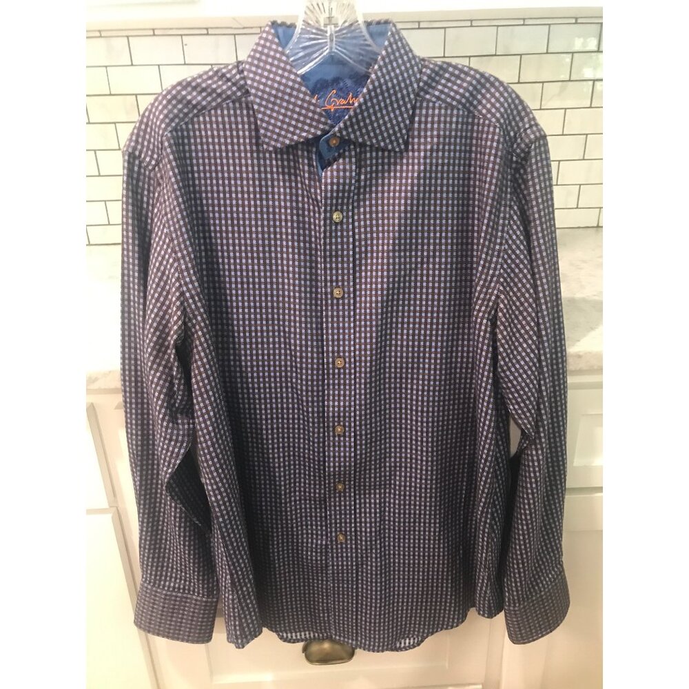 Robert Graham Shirt Mens Medium Blue Brown Check Flip Cuff India Cotton